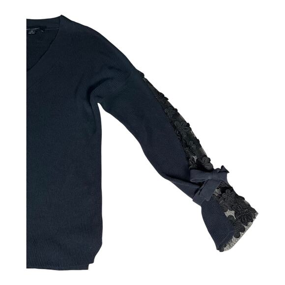 French Connection Navy V-Neck Sweater Lace Bell Sleeve Tie Top M Romantic Hobo - Picture 7 of 14